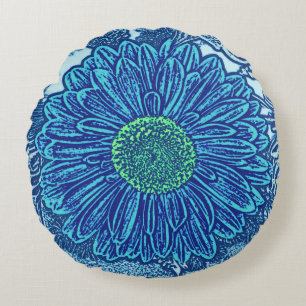 Coussins Ronds Gerbera Daisy Block Print, Cerulean & Indigo Blue