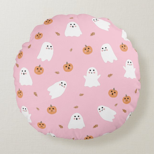 Coussins Ronds Ghost mignon et Citrouille Motif d'Halloween rose (Devant)