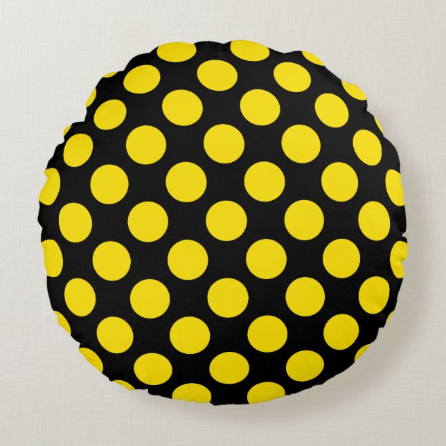 Coussins Ronds Giant Yellow Polka Dots on Black Round Pillow  (Devant)