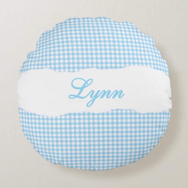 Coussins Ronds Gingham Bleu Rustique Nom Personnalisé (Devant)