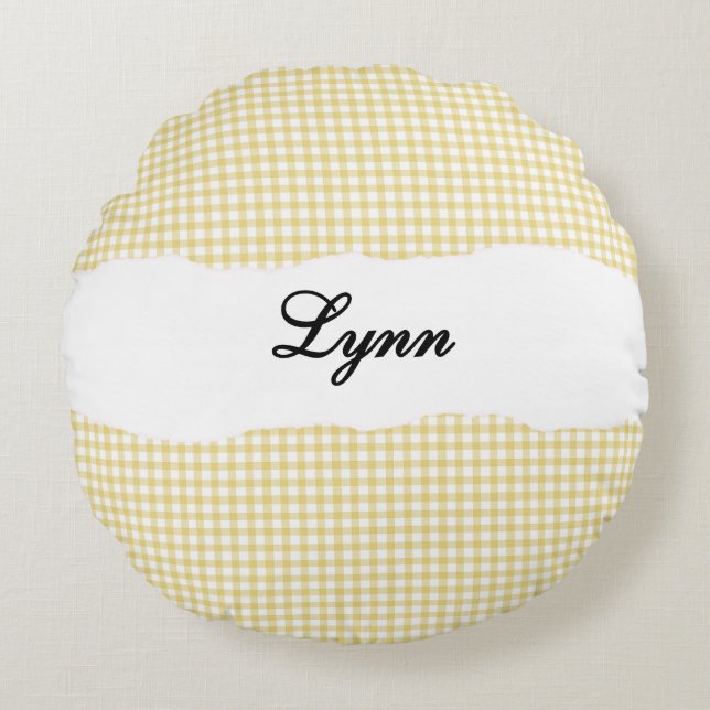 Coussins Ronds Gingham Jaune Rustique Nom Personnalisé (Devant)