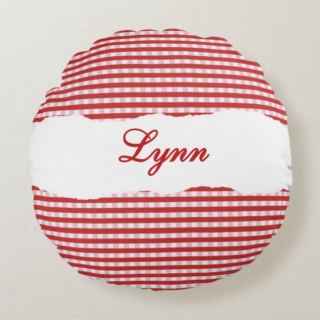 Coussins Ronds Gingham Rouge Rustique Nom Personnalisé (Devant)