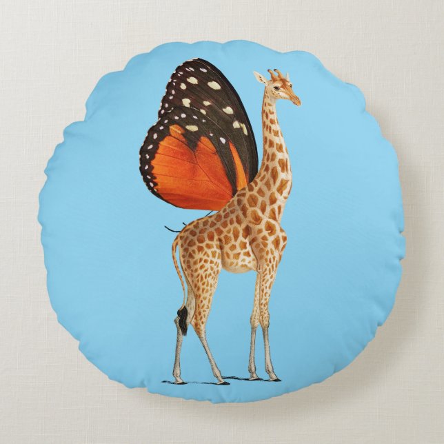 Coussins Ronds Girafe à papillon (BLUE BKGRD (Devant)
