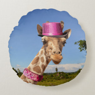 Coussins Ronds Girafe avec un chapeau rose scintillant
