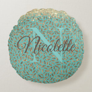 Coussins Ronds Glitterie or Monogramme sur Turquoise