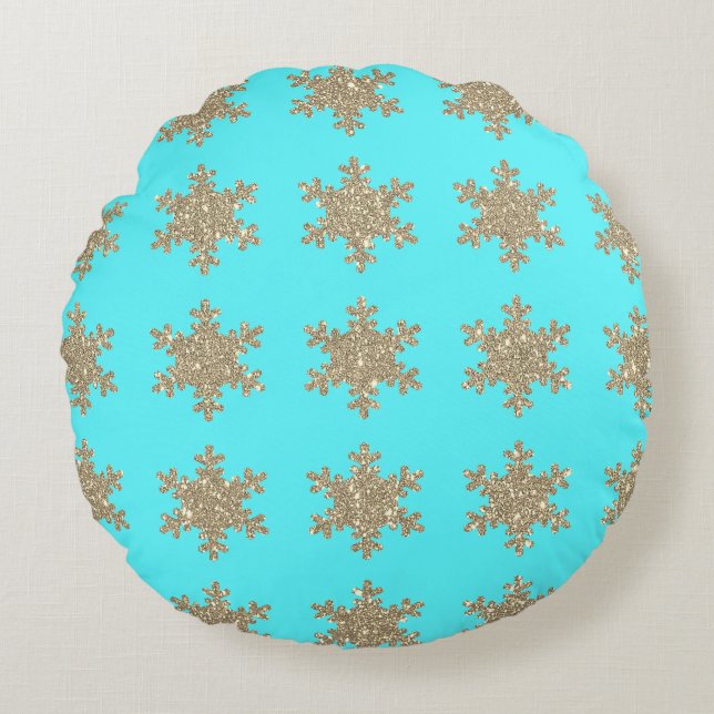 Coussins Ronds Glittery Gold Snowflakes Motif Turquoise Bleu (Devant)