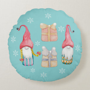 Coussins Ronds Gnome Mignon Turquoise Bleu Peint à la Main