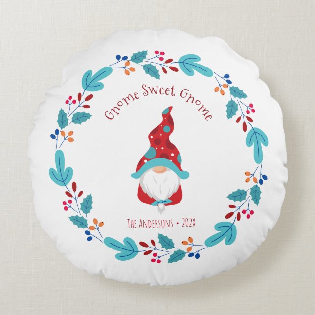 Coussins Ronds Gnome Sweet Gnome Cute Elf Moderne Fleur Wreath (Devant)