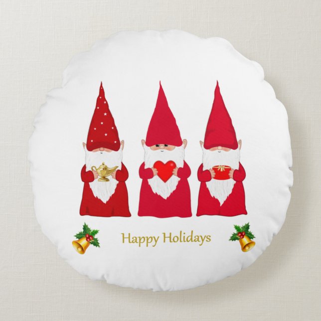 Coussins Ronds Gnomes de Noël sur fond blanc (Devant)