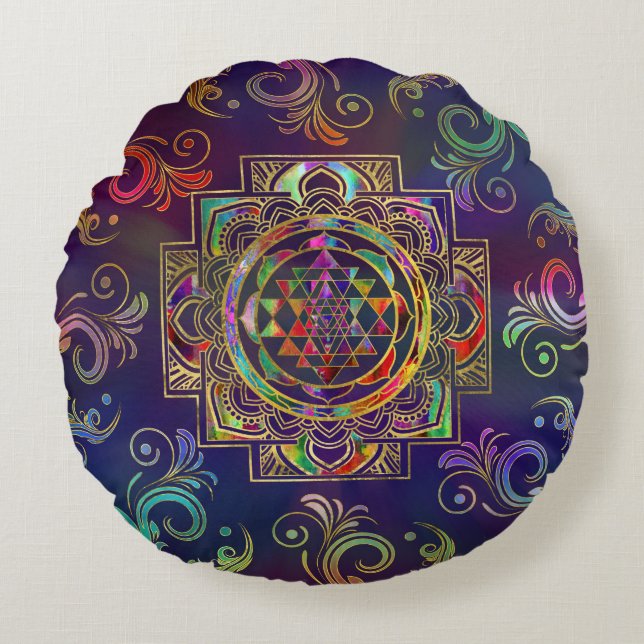 Coussins Ronds Gold coloré encadré Sri Yantra Sri Chakra (Devant)
