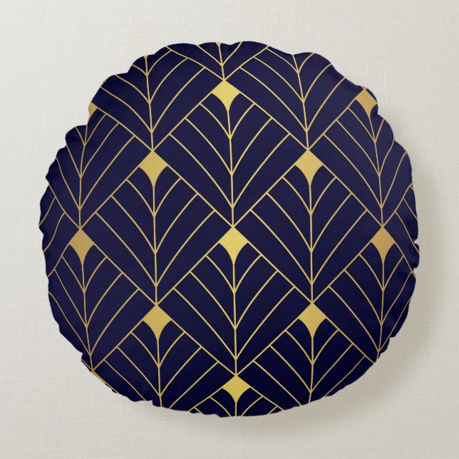 Coussins Ronds Gold Navy Blue Art Deco Diamond Motif (Devant)