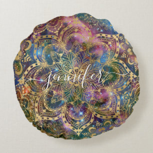 Coussins Ronds Gold Watercolor Nebula Gold Mandala Nom personnali
