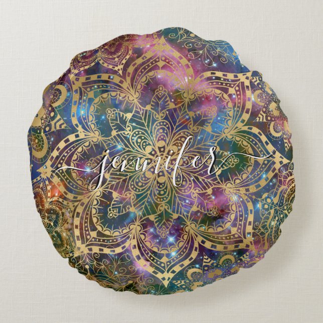 Coussins Ronds Gold Watercolor Nebula Gold Mandala Nom personnali (Dos)