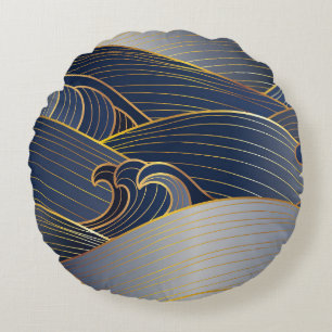 Coussins Ronds Gold Wave Lines, Vintage Abstrait.