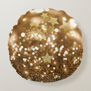 Coussins Ronds Golden Bokeh Faux Parties scintillant et étoiles
