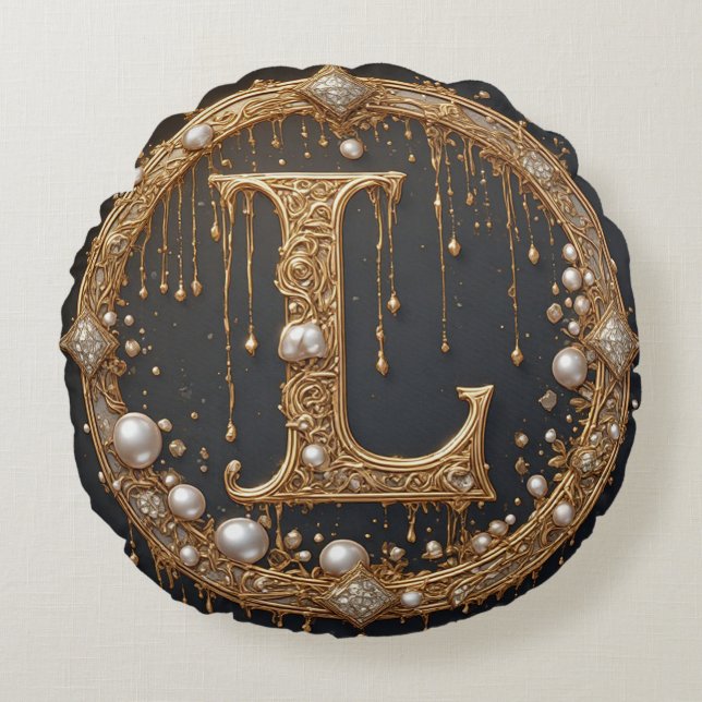 Coussins Ronds Golden Monogram Initial Letter L (Devant)