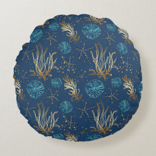 Coussins Ronds Golden Starfish & Coral Reef Motif sur Blue