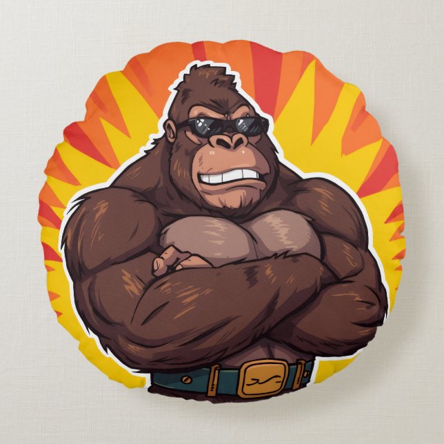 Coussins Ronds Gorilla Bodybuilder Weight Lifter Pop Art Cartoon (Devant)