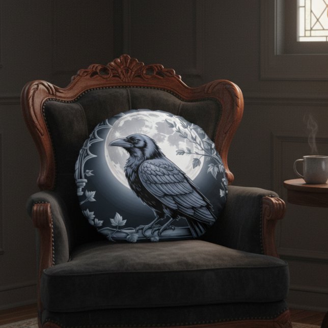 Coussins Ronds Gothic Raven Moon Dark Academia Home Decor (Black raven throw pillow)