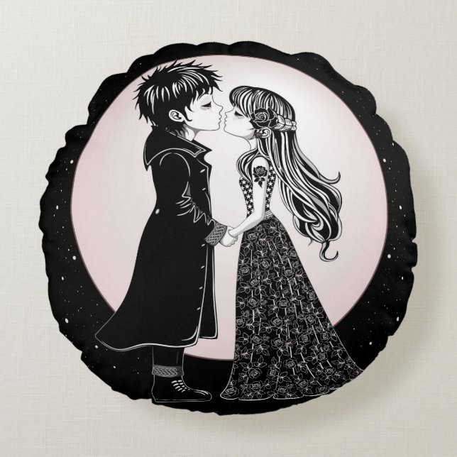 Coussins Ronds Gothique Emo Enfants Kiss Valentine's Day (Devant)