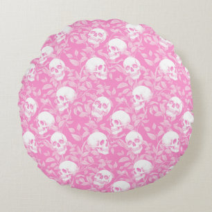 Coussins Ronds Gothique rose punk féminine crânes et feuillage Ha