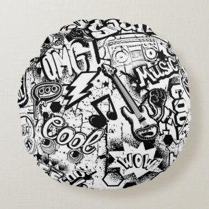 Coussins Ronds Graffiti Abstrait en noir et blanc 
