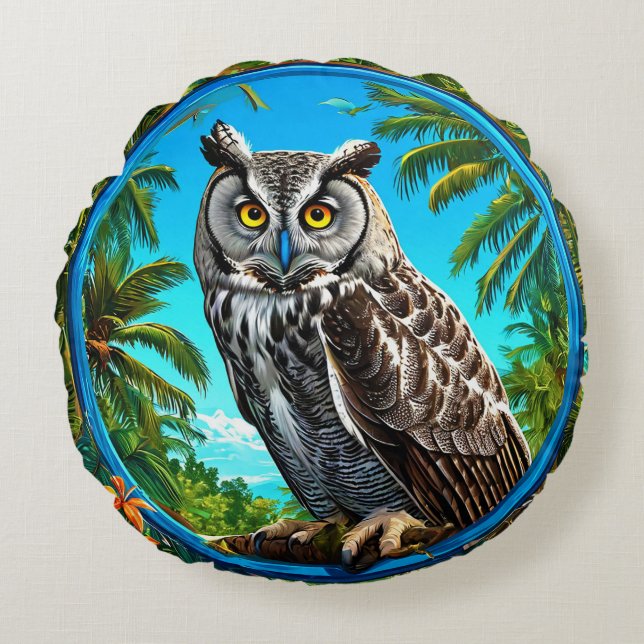 Coussins Ronds Grand hibou gris Oiseau Majestueux décoratif faune (Devant)