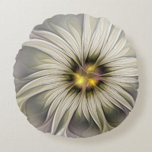 Coussins Ronds Grande Fleur d'Ivoire, Art Fractal Moderne Abstrai
