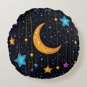 Coussins Ronds Grande lune croissante et nombreuses étoiles