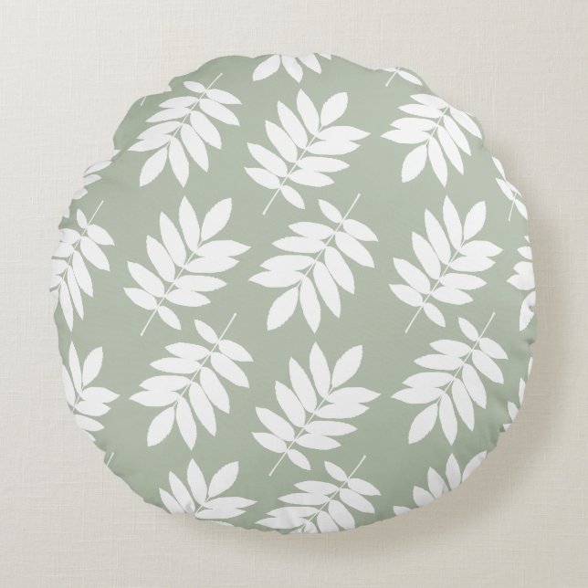 Coussins Ronds Grande motif de feuille âgée blanc sur vert (Devant)