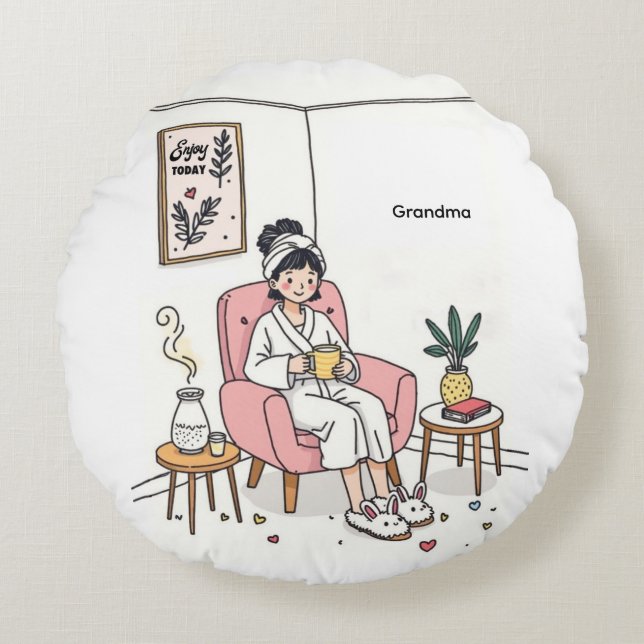 Coussins Ronds Grandma Mother's Day Cozy Relaxing Illustration (Devant)