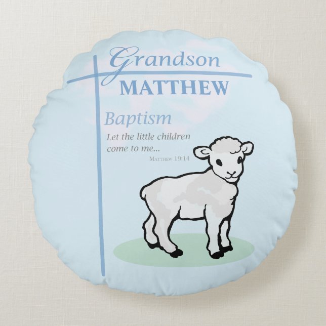 Coussins Ronds Grandson Baptême Blue Boy Lamb Personnalisé (Devant)