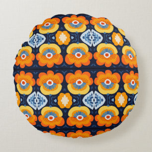 Coussins Ronds Gras Retro Floral Illustration en orange et bleu