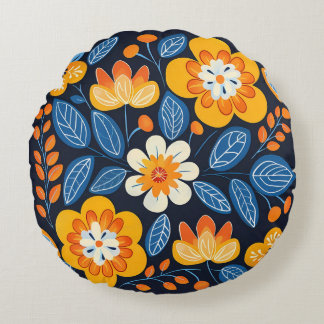 Coussins Ronds Gras Retro Floral Illustration en orange et bleu