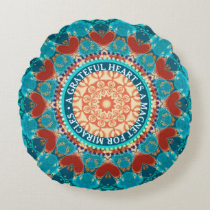 Coussins Ronds Gratitude Aqua Turquoise Mandala Devis personnalis