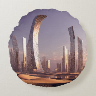 Coussins Ronds Gratte-ciel surréalistes futuristes dans un paysag