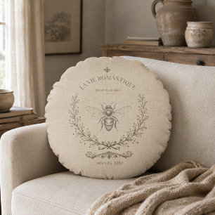 Coussins Ronds Gravure d'abeille beige chaud   Rustique Campagne 