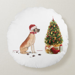 Coussins Ronds Great Dane Funny Chien de Noël avec arbre