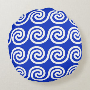 Coussins Ronds Grec Meander Key Waves Motif Bleu