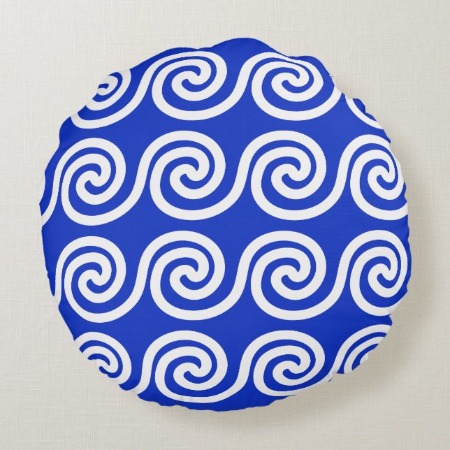 Coussins Ronds Grec Meander Key Waves Motif Bleu (Dos)