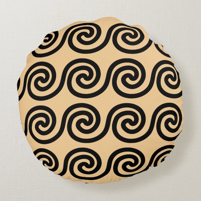 Coussins Ronds Grec Meander Key Waves Motif Brown (Dos)