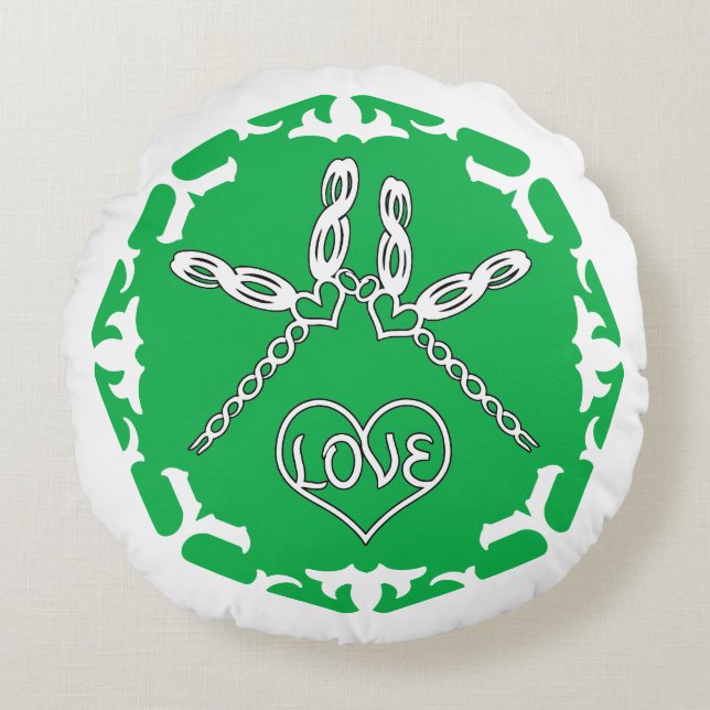 Coussins Ronds Green Heart Chakra "Love" Dragonflies White BG (Devant)