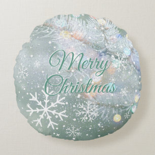 Coussins Ronds Green Merry Christmas Snowflakes
