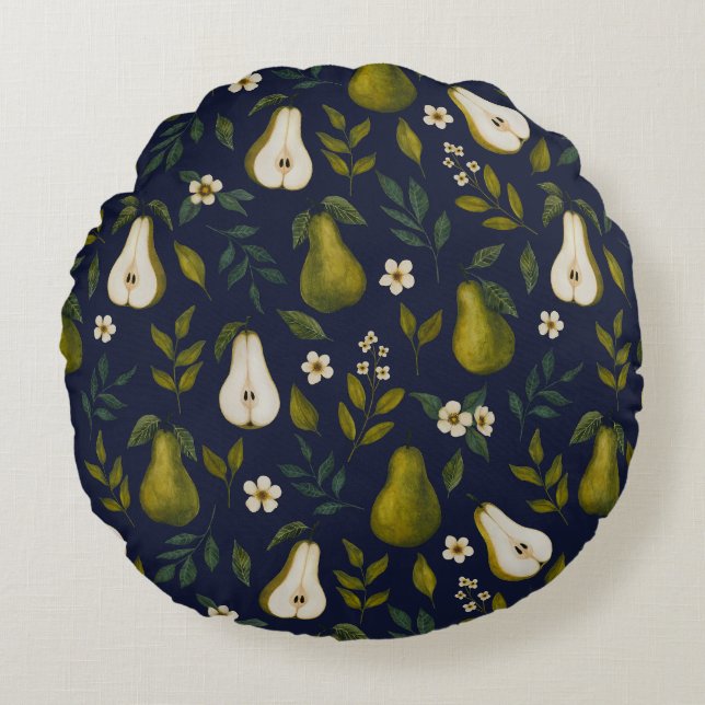 Coussins Ronds Green Pear Watercolor Pattern on Dark Blue  (Devant)