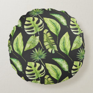 Coussins Ronds Green Tropical Feuille Motif Botanique Noir