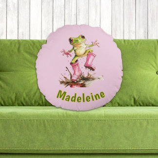 Coussins Ronds Grenouille en bottes roses mignonnes dans une flaq