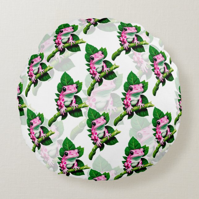 Coussins Ronds Grenouille Rose Sur La Feuille Verte Motif Design (Devant)