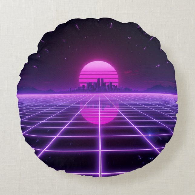 Coussins Ronds Grille néon synthwave rétro des années 80 (Devant)