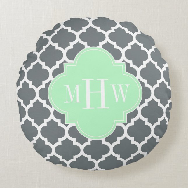 Coussins Ronds Gris Charbon Blanc Marocain #5 Menthe Nom Monogram (Devant)