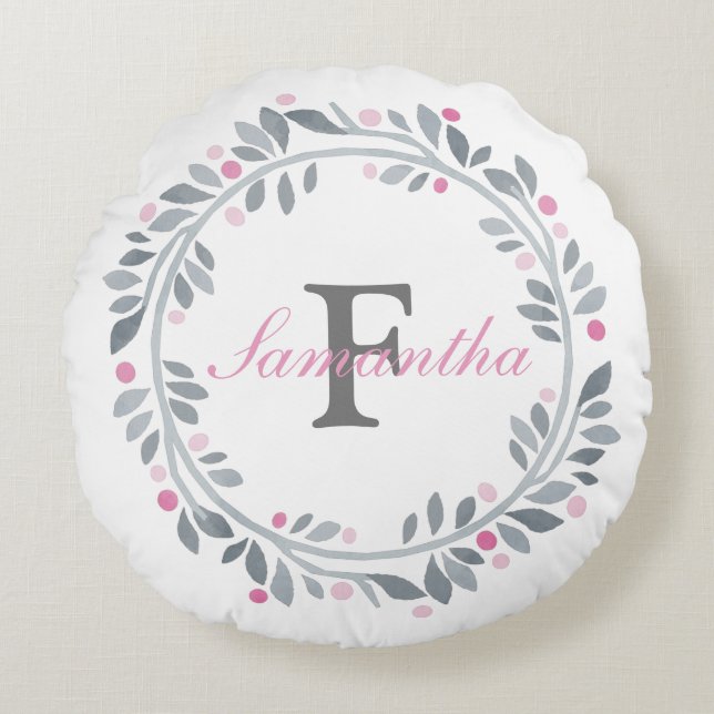 Coussins Ronds Gris Fleurs Rose Double Monogramme Élégant  (Devant)